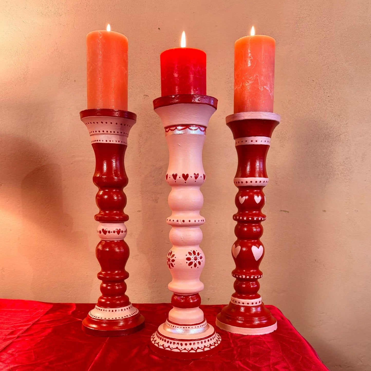 3 candle holders  red & pink